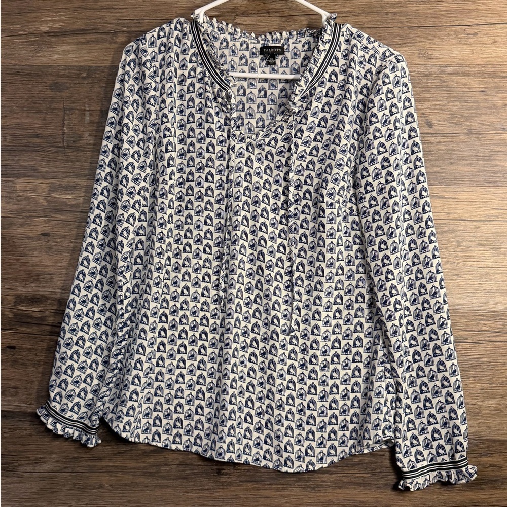 Talbots Blue and White Bird Cage Blouse